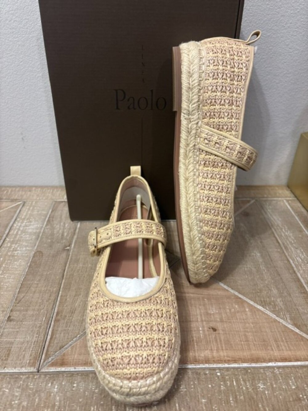 NEW LINEA Paolo Marjorie Natural Woven Napa Mary Jane Platform Shoes 8.5 or 9